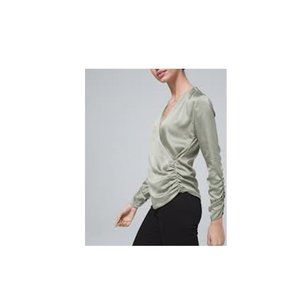 WHBM Ruched Front Wrapped, Long Sleeve Satin Shirt